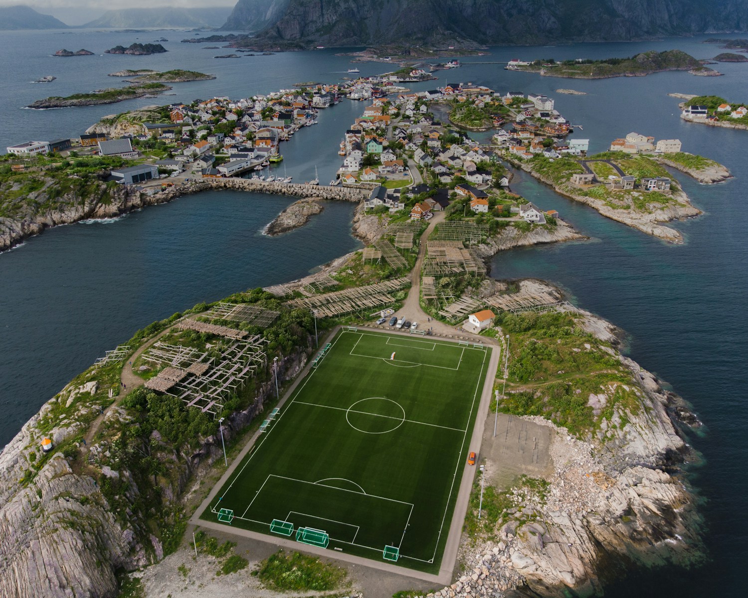 aerial view of the famous football pitch in Lofoten, Norway green soccer field during daytime